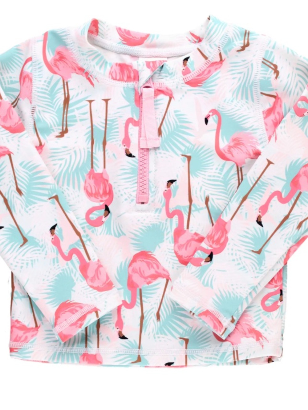 Ruffle Butts Pink Flamingo Zip Rash Guard Top with Mint Accent